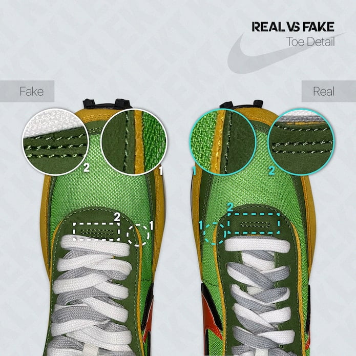 KLEKT Real vs Fake sacai x Nike LDWaffle Green Multi Upper-min