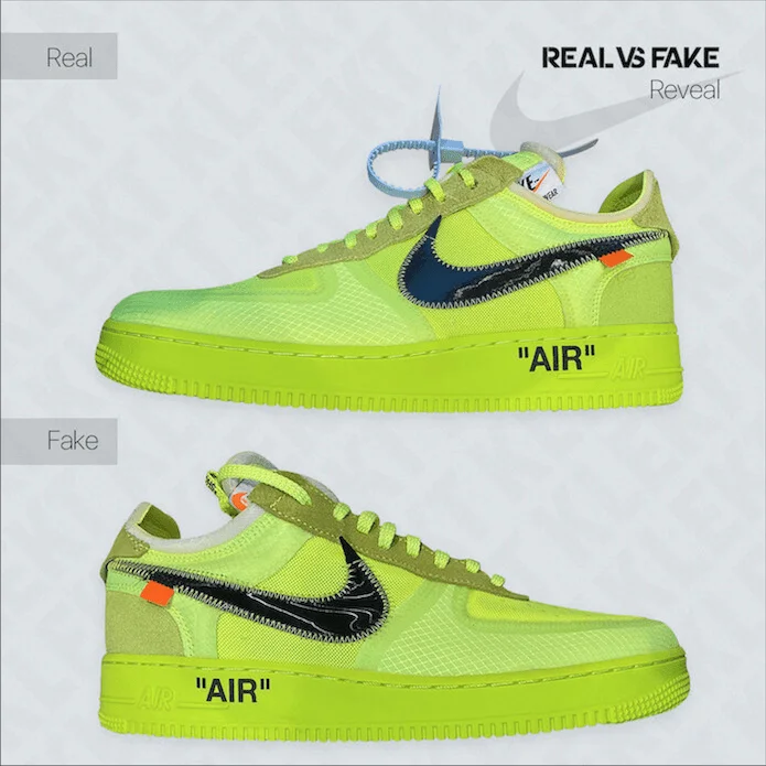Alivio al revés mundo Cómo detectar una falsificación blanquecino™ x Nike Air Force 1 "Volt" -  KLEKT Blog