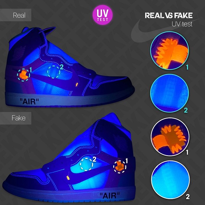 KLEKT Real vs Fake Off White x Air Jordan 1 UNC UV Test