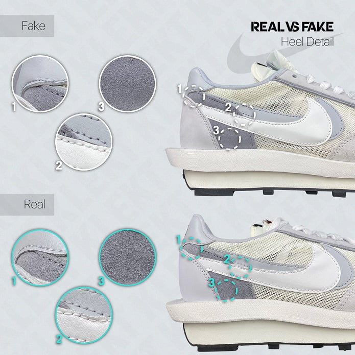 KLEKT Real vs Fake Sacai x Nike LDWaffle Detalle del talón