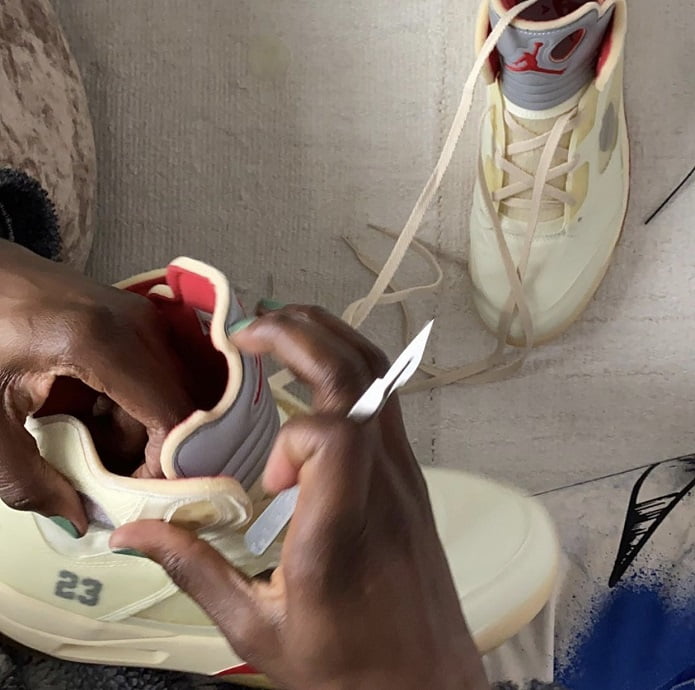 Off-White Air Jordan 5 White On Foot Deconstruction In Process