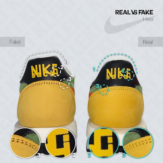 KLEKT Real vs Fake sacai x Nike LDWaffle Green Multi Heel-min