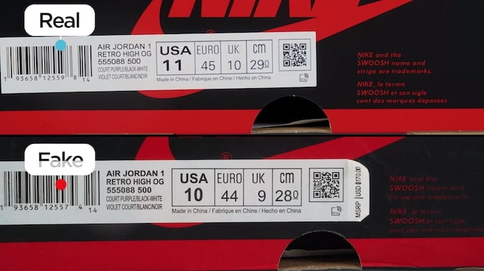 KLEKT Real vs Fake Air Jordan 1 Court Purple Box Font