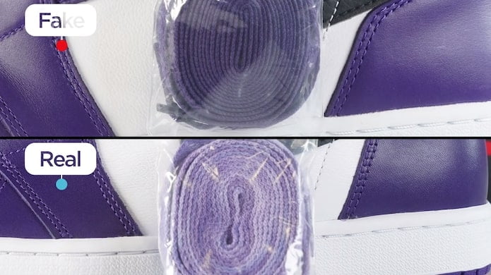 KLEKT Real vs Fake Air Jordan 1 Court Purple Laces