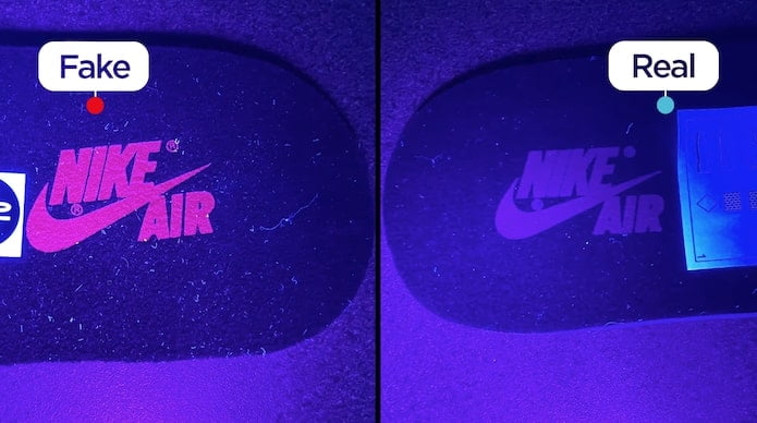 KLEKT Real vs Fake Air Jordan 1 Court Purple UV Light Insole