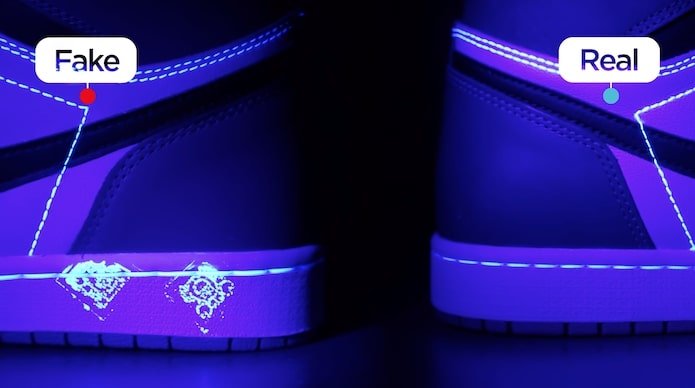 KLEKT Real vs Fake Air Jordan 1 Court Purple UV Light Midsole Stamp