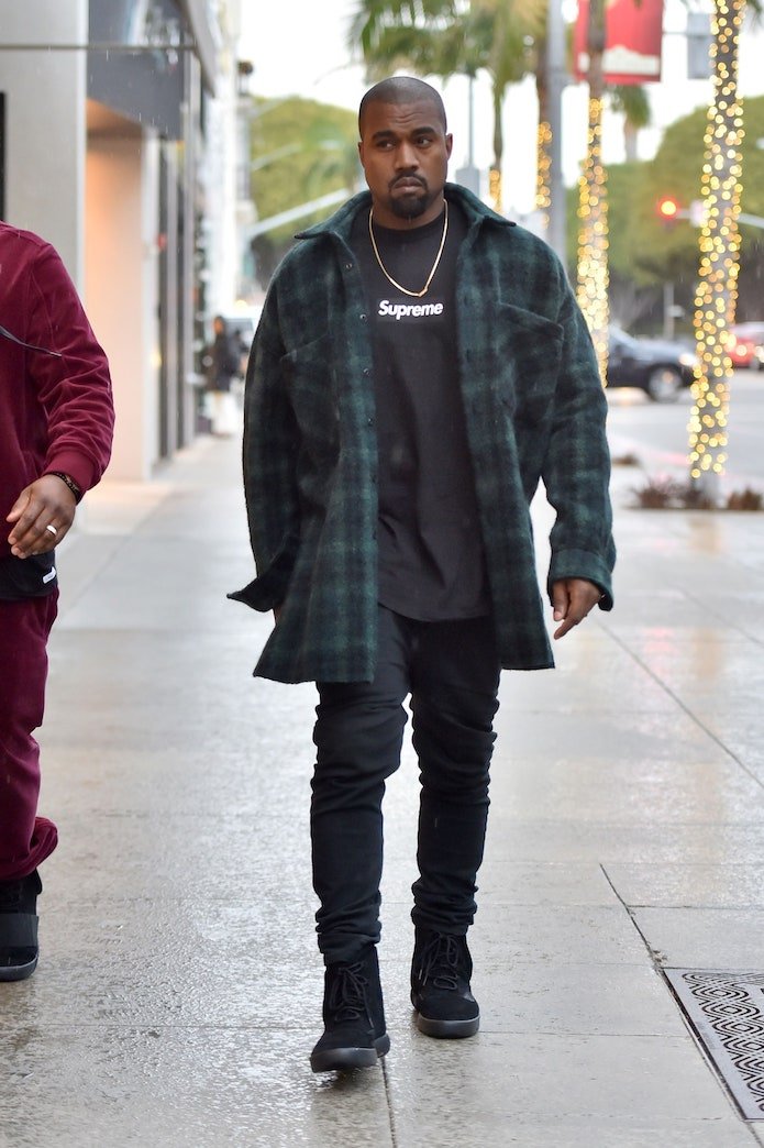 Kanye West Wearing Black Supreme Box Logo Overshirt Black Jeans adidas Yeezy Boost 750 Black