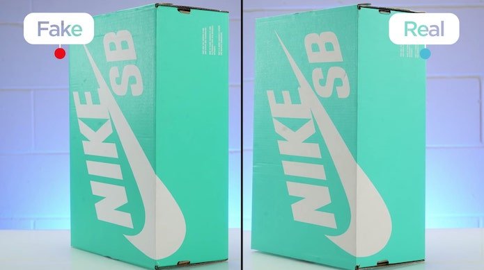 KLEKT Real vs Fake Nike SB Dunk Strangelove Skateboards Box Definición