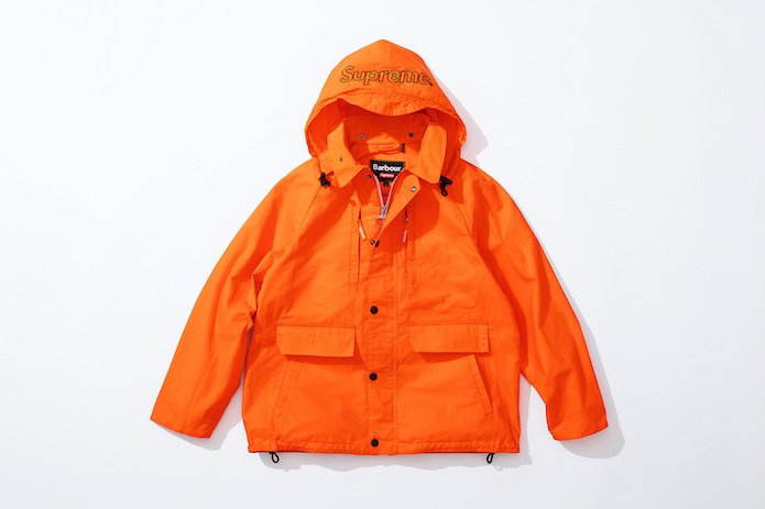Supreme x Barbour Lightweight Waxed Cotton Field Jacket Orange Front Hood Up