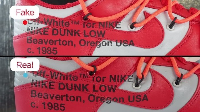 KLEKT Real vs Fake Off-White x Nike Dunk University Red Medial Text
