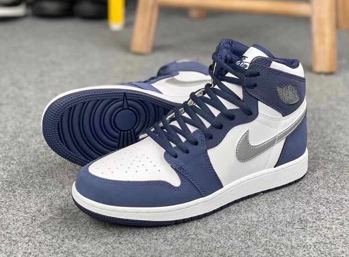 navy and white air jordan 1