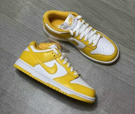 yellow and white dunks low