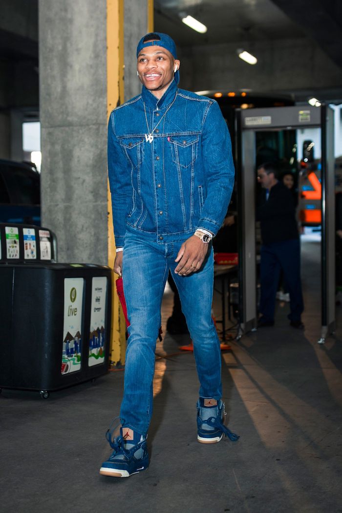 Russell Westbrook wearing the Air Jordan 4 Levis Blue Denim
