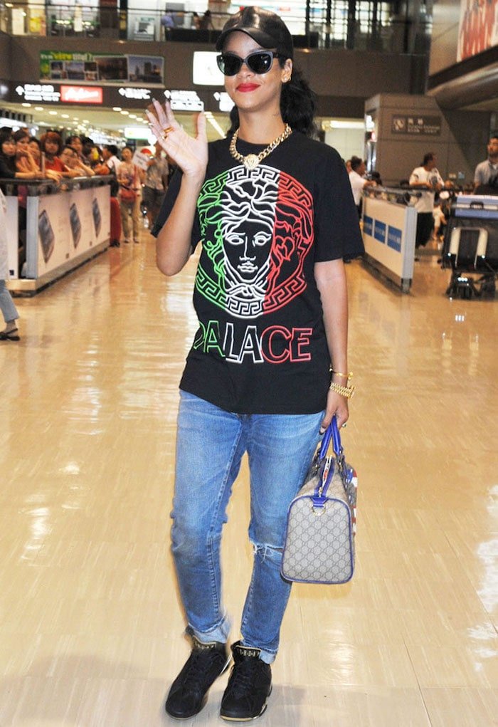 Rihanna Wearing Palace Versace T-shirt and Air Jordan 7 Golden Moments Pack GMP Gucci Bag-min